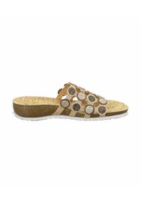 Kork-Sandale mit runden Ausschnitten, beige Obermaterial, strukturiertes Fußbett und eine korkähnliche Keilsohle. Weiße Gummisohle.