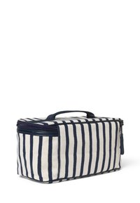 Borsa in tessuto a righe con chiusura a zip, caratterizzata da righe verticali blu navy e crema, forma rettangolare e manico superiore per il trasporto.