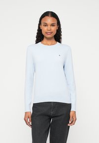 Gaiši zils garām piedurknēm adīts džemperis ar apaļu kakla izgriezumu un smalku logo detaļu uz krūtīm. Šaurs piegriezums un gluda tekstūra. Valkāts ar tumšām džinsām.