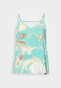 Camisola aqua com decote em V, alças finas e um padrão floral paisley em vermelho, branco e verde. Feita de tecido leve.