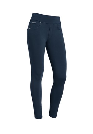 Leggings marine avec une taille haute, fabriqués en matériau extensible lisse. Présente des fausses poches avant et un petit détail de logo.