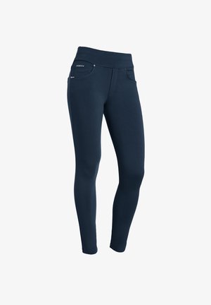 Tumman siniset legginsit korkealla vyötäröllä, valmistettu sileästä joustavasta materiaalista. Varustettu feikkotaskuilla edessä ja pienellä logotietolla.