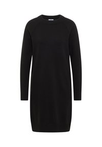 Robe-pull noire à manches longues avec un col rond, des poignets et un ourlet côtelés. Texture douce, silhouette droite, design minimaliste.