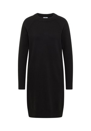 Czarna sukienka swetrowa z długim rękawem, okrągłym dekoltem, prążkowanymi mankietami i krawędzią. Miękka tekstura, prosta sylwetka, minimalistyczny design.