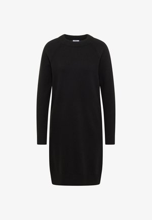 Czarna sukienka swetrowa z długim rękawem, okrągłym dekoltem, prążkowanymi mankietami i krawędzią. Miękka tekstura, prosta sylwetka, minimalistyczny design.