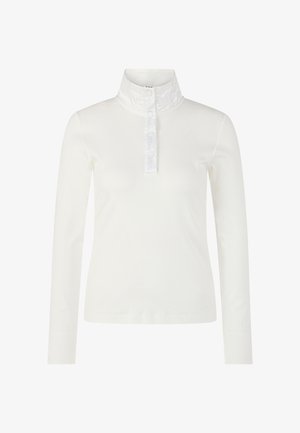 Weißes Langarmhemd mit hohem Kragen und einer Blende mit drei Knöpfen. Glatte Textur, einfaches Design, keine Muster oder Verzierungen.