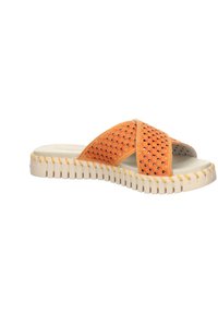 Orange slide sandal with textured cross straps, cream cushioned insole, and a ridged sole. Features scalloped pattern on straps.