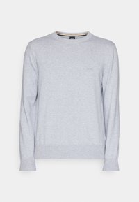 Grå bomullströja med långa ärmar, rund hals, ribbade muddarna och nederkant, med en liten logotyp på bröstet. Slät textur.