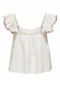 Top bianco in cotone con maniche a volant e dettagli ricamati rossi lungo il collo e i bordi delle maniche. Tessuto morbido e leggero.