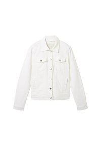White denim jacket with a classic design, featuring a collar, long sleeves, two chest pockets, silver button closures, and a straight cut.