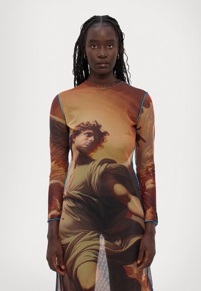 Long-sleeve dress featuring a printed painting design in warm tones, with blue stitching accents and a sheer texture.