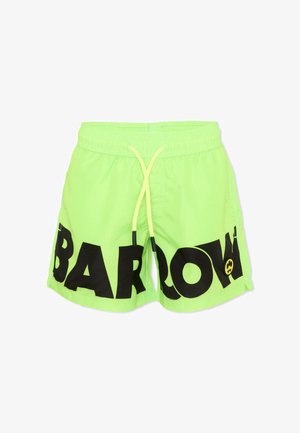 Costume da bagno verde neon con testo nero "BARROW" sul davanti e coulisse gialla in vita elastica.