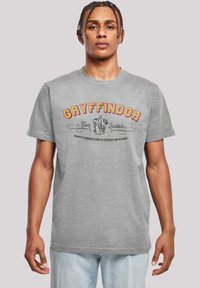 Pilkas medvilnės marškinėliai su apvaliu iškirpimu, trumpomis rankovėmis ir spausdintu užrašu "GRYFFINDOR Komanda Quidditch" kartu su kreštu kontrastingomis spalvomis.