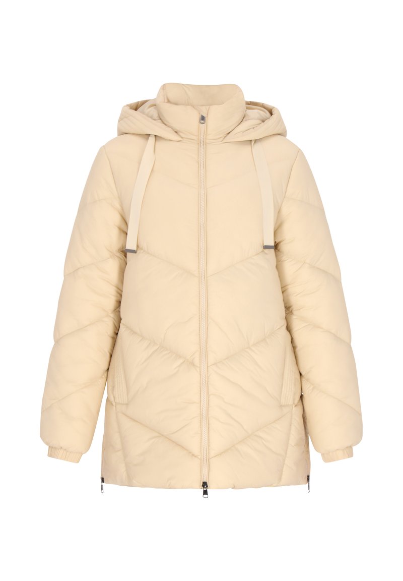 Beige puffjakke med hætte, der har chevron-syninger, sidelommer med lynlås og justerbare stropper på skuldrene. Blød tekstur.
