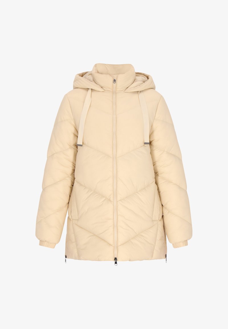 Béžová prešívaná bunda s kapucňou, so šikmým švom, bočnými zipsami a nastaviteľnými popruhmi na pleciach. Mäkka textúra.