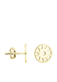 Orecchini a perno placcati in oro con un design a disco circolare che presenta ritagli triangolari e un foro centrale. Finitura liscia e stile minimalista.