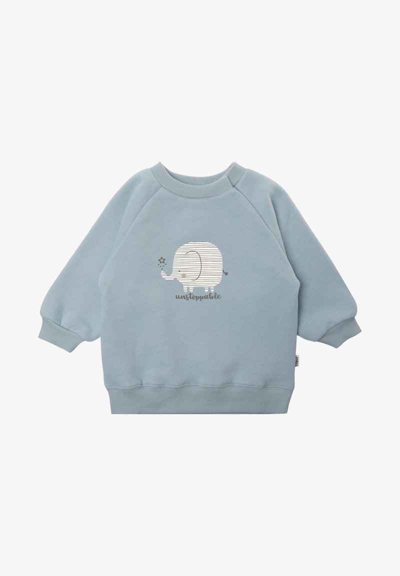 Light blue sweatshirt with raglan sleeves. Features a striped elephant graphic and the word "unstoppable" in gray below. Cotton fabric.