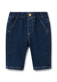 Dětské tmavě modré denimové šortky s elastickým páskem, předním knoflíkem a šikmými předními kapsami, vystavené na bílé pozadí.