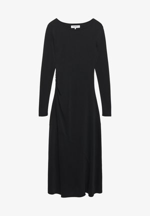 Schwarzes Midikleid mit langen Ärmeln, rundem Ausschnitt und dezenten Raffungen an der Seite, mit asymmetrischem Nahtdetail am Rock.