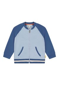 Lyseblå og marineblå zip-up børnejakke med lange ærmer, frontlommer og en stribet kant.
