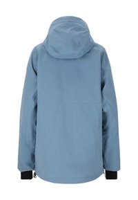 Wasserfeste blaue Jacke mit Kapuze, langen Ärmeln, schwarzen Bündchen und einer glatten, matten Textur. Verfügt über einen geraden Schnitt und minimalistische Designmerkmale.