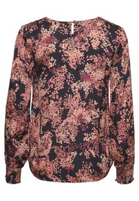 Blouse florale en tissu bleu marine foncé, ornée de motifs de pois roses et bordeaux, avec des manches longues à poignets froncés et un détail en clé à l'arrière.