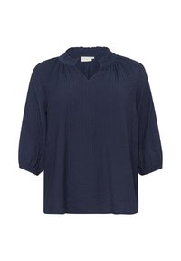 Marineblaue, leichte Bluse mit V-Ausschnitt und gerafftem Halsauschnitt. Verfügt über Dreiviertelärmel und eine zerknitterte Textur.