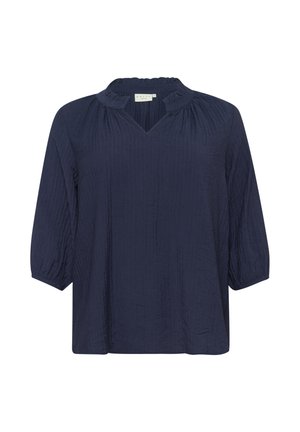 Blusa leggera blu navy con scollatura a V e collo arricciato. Presenta maniche a tre quarti e una texture stropicciata.