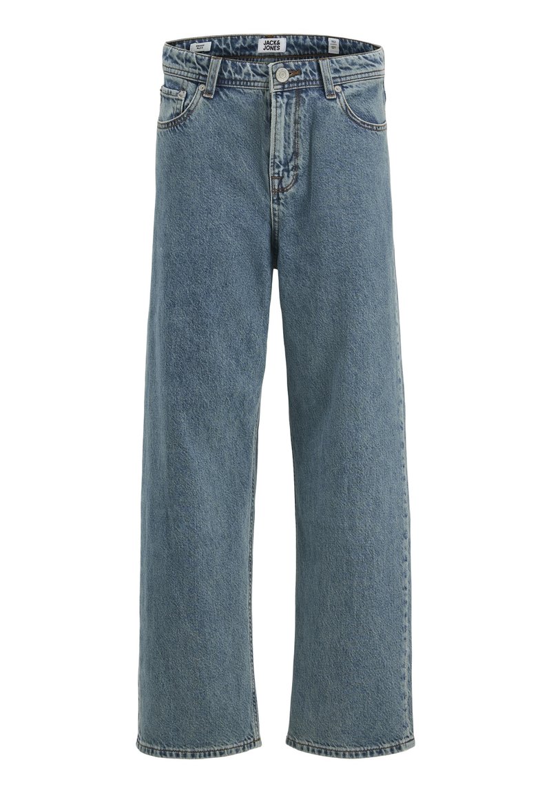Light blue denim jeans featuring a relaxed fit, straight leg design, and stitched detailing. Front pockets and zip fly closure included.