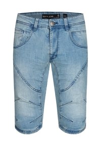 Pantaloni scurți din denim albastru deschis, cu croială skinny, care prezintă un design decorativ al cusăturilor și cinci buzunare. Se încheie cu un nasture metalic la talie.