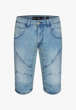 Jasnoniebieskie dżinsowe szorty o wąskim kroju, z dekoracyjnym przeszyciem i pięcioma kieszeniami. Wykończone metalowym guzikiem w pasie.