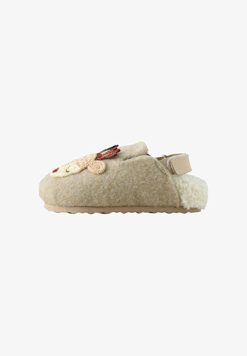 Pantofole in feltro beige con tomaia texturizzata, foderate internamente in morbido materiale e decorazione a renna con accenti marroni e rossi. Cinturino in velcro per una vestibilità sicura.