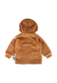 Braune flauschige Kapuzenjacke mit einer weichen Textur, schlichtem Design, elastischen Bündchen und einem kleinen Logopatch auf der Schulter.
