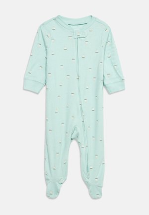 Γαλάζιο μωρουδιακό φορμάκι με ριμπ ύφανση, μακριά μανίκια, καλτσάκια, μπροστινό φερμουάρ, κλείσιμο στο λαιμό με κουμπιά και μικρά σχέδια με ιστιοφόρα.