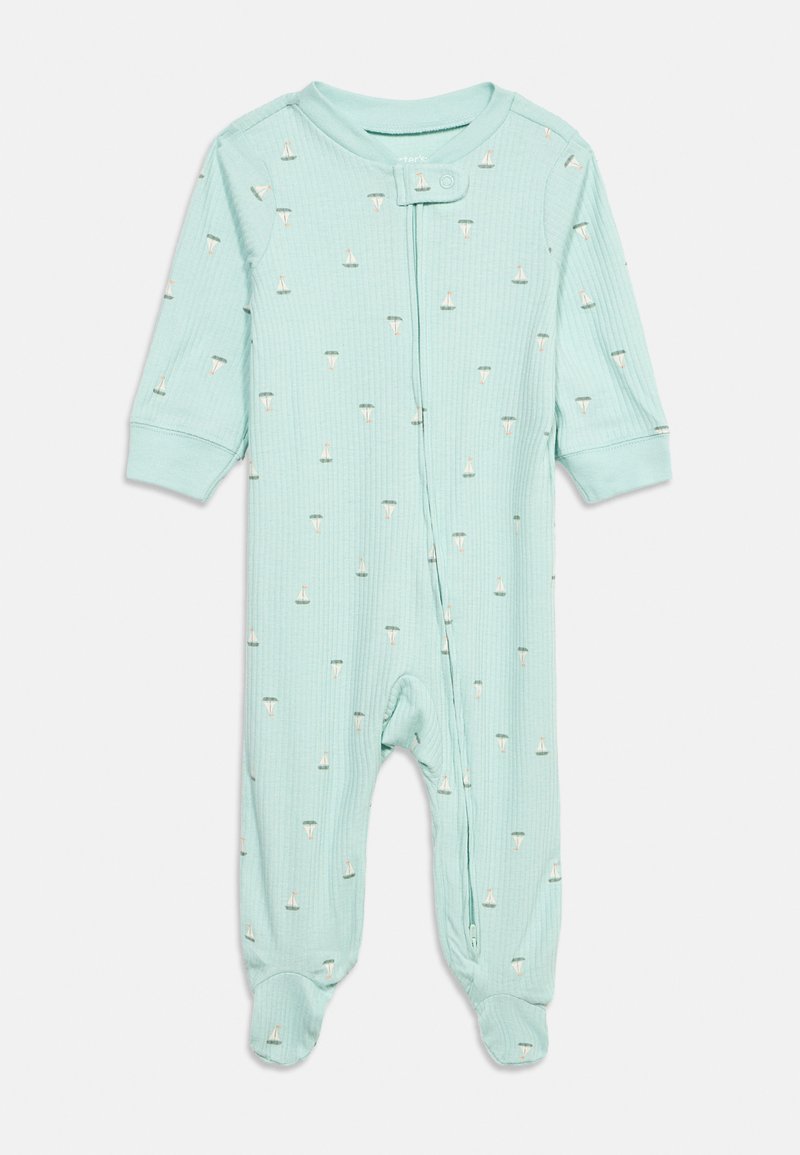 Γαλάζιο μωρουδιακό φορμάκι με ριμπ ύφανση, μακριά μανίκια, καλτσάκια, μπροστινό φερμουάρ, κλείσιμο στο λαιμό με κουμπιά και μικρά σχέδια με ιστιοφόρα.