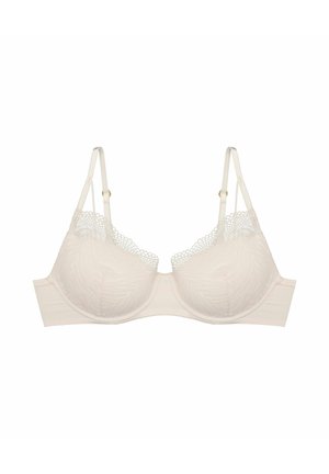 Biustonosz z fiszbinami w jasnobeżowym kolorze, wykończony koronką, z fakturowanymi miseczkami, regulowanymi ramiączkami i gładkim pasem zapewniającym wsparcie.