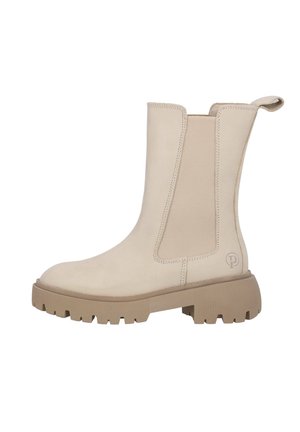 Bottes chevilles beiges en cuir lisse avec des panneaux latéraux élastiques et une semelle en caoutchouc texturée. Présente un logo sur le côté extérieur.