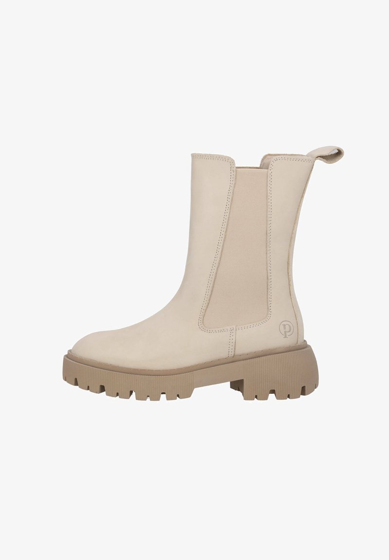 Botas de tobillo beige hechas de piel suave con paneles laterales elásticos y una suela de goma texturizada. Presentan un logo en el lado exterior.