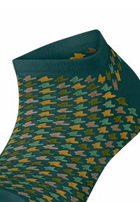 Chaussette à cheville vert foncé avec un motif texturé de formes alternées en marron clair, olive et teintes bleu-vert atténuées. Design sans couture.