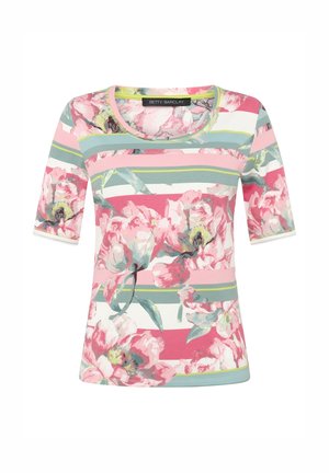 Kortærmet dametop med pink og grønne vandrette striber og stort pink blomsterprint, rund halsudskæring, Betty Barclay-mærke.