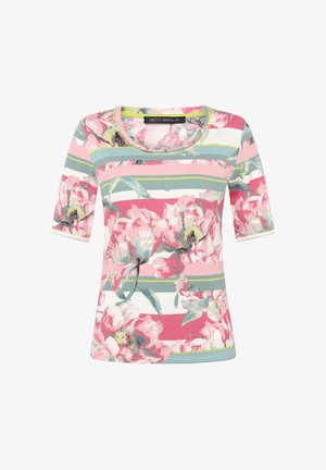 Damenoberteil mit kurzen Ärmeln, rosa und grüne horizontale Streifen und großem rosa Blumenmuster, Rundhalsausschnitt, Betty Barclay Etikett.