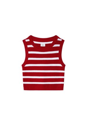 Rot-weiß gestreiftes, ärmelloses, gestricktes Crop-Top mit rundem Ausschnitt.