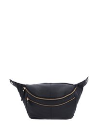Schwarze Lederbauchtasche mit zwei goldenen Reißverschlusstaschen, elegantes Design, weiche Textur und seitlichem Verschluss.
