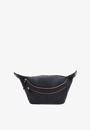 Black leather fanny pack with two gold zippered pockets, sleek design, soft texture, and side fastening.