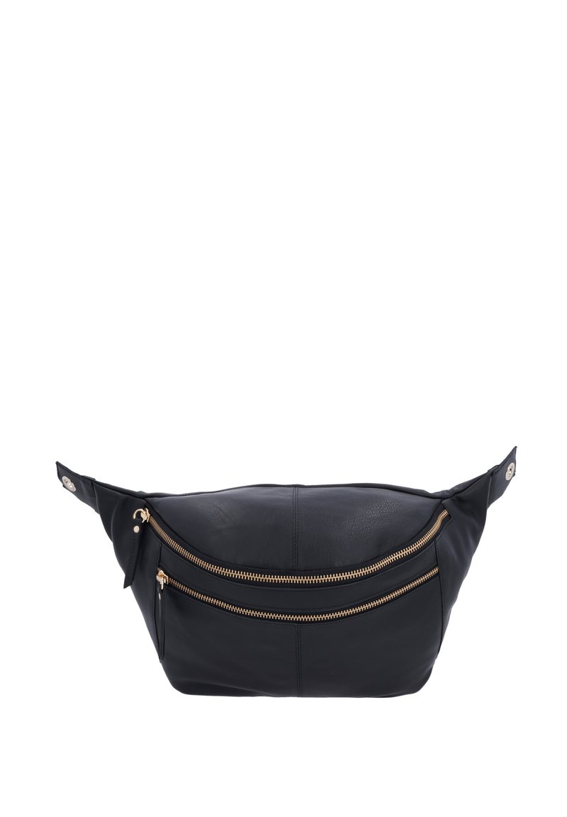Schwarze Lederbauchtasche mit zwei goldenen Reißverschlusstaschen, elegantes Design, weiche Textur und seitlichem Verschluss.