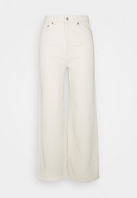 Jeans de cintura alta e perna larga em denim off-white. Apresenta um fecho de botão frontal, passantes para cinto e grandes bolsos laterais.