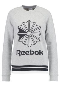 Szary bawełnowy sweatshirt z czarnym geometrycznym logo w kształcie gwiazdy oraz napisem "Reebok"; ściągacze przy mankietach i u dołu z czarno-białymi paskami.
