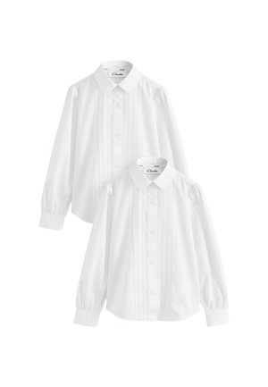 Two white long-sleeve button-up shirts with pleated front details and rounded collars, displayed side by side on a white background.