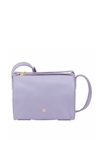 Borsa a tracolla rettangolare in similpelle di colore lavanda, con chiusura a zip, dotata di un dettaglio del logo dorato e di una singola tracolla regolabile.