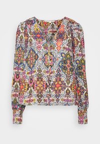 Langarm blouse met een multikleuren bloemen- en paisleypatroon op een lichte achtergrond. V-hals met knopen aan de voorkant en gathering op de mouwen.